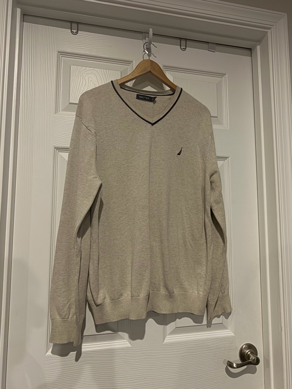 Nautica Men's Cream V-Neck Sweater with Navy Trim